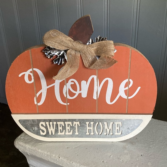 NWT HOME SWEET HOME Slatted Solid Wood & Galvanized Pumpkin Decor Sign 🍁s & Bow - Picture 9 of 17